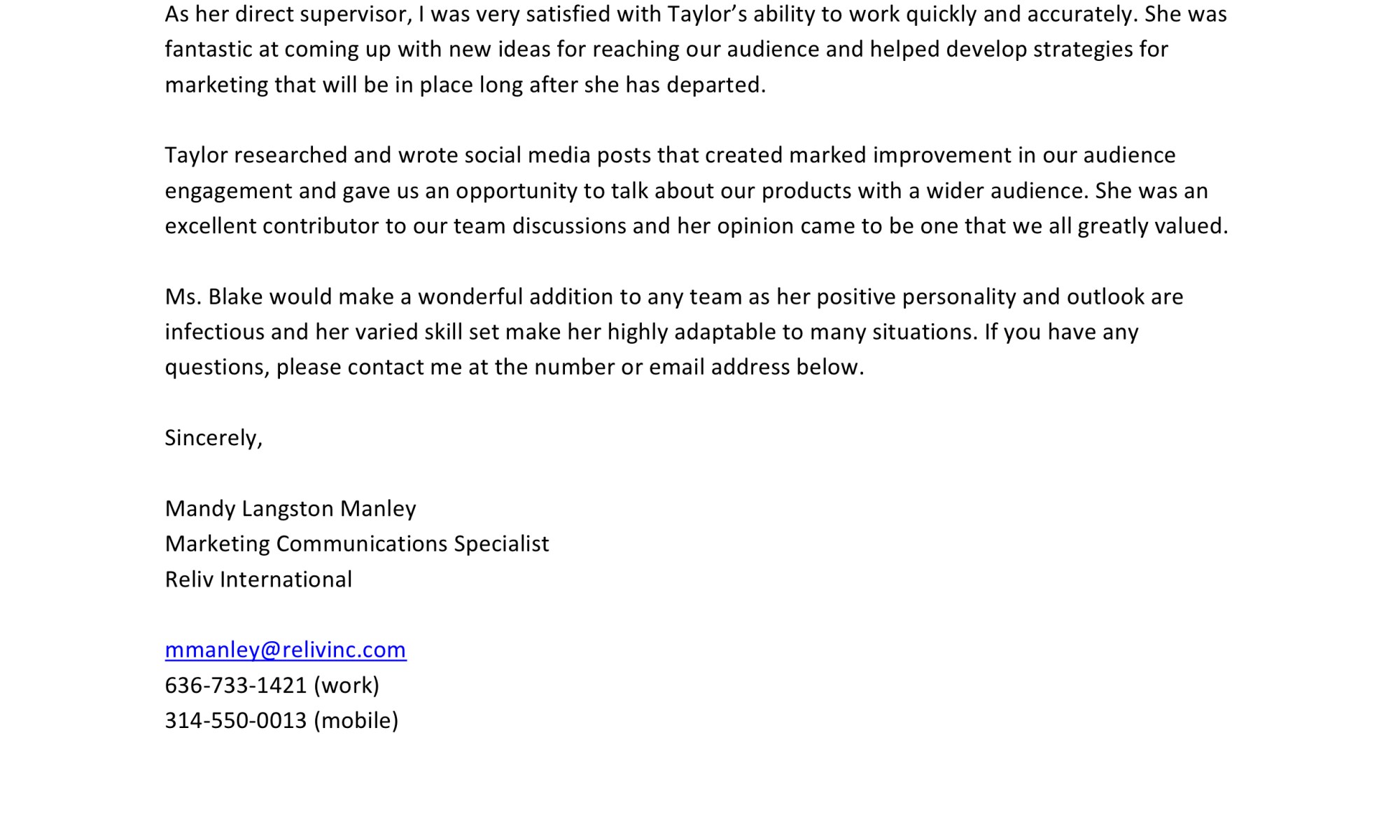 Recommendation letter for Taylor Blake from Mandy Manley, Marketing Communications Specialist for Reliv International.