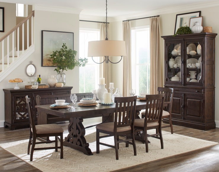Picture of rustic dining set, including dining table, chairs, buffet, and china cabinet